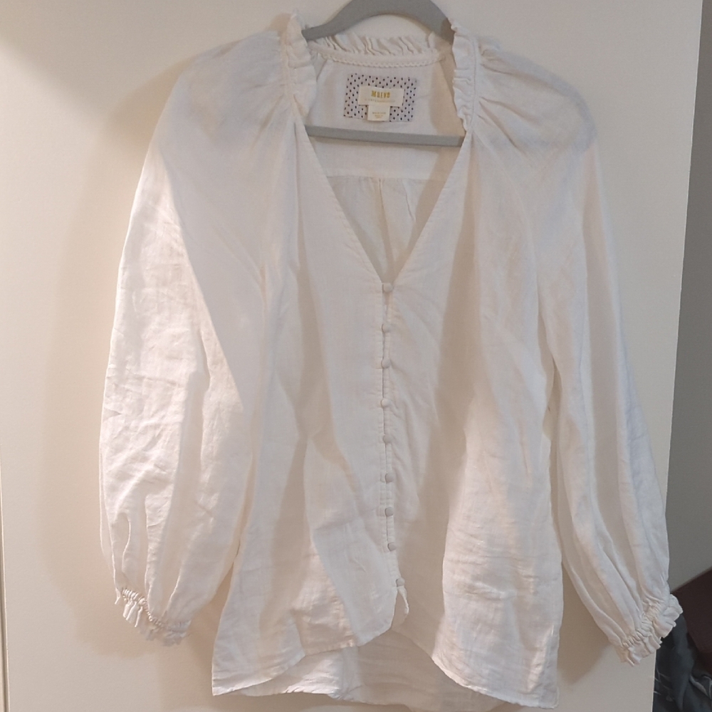 Anthropologie White Linen Blouse with Button Detail
